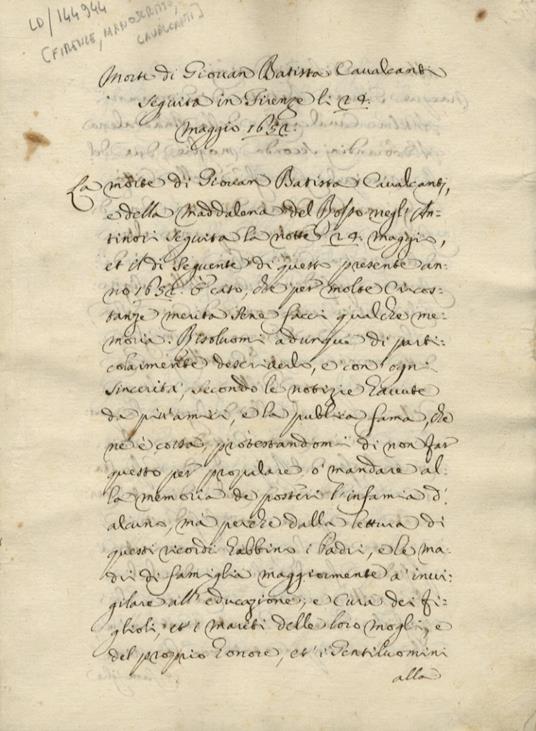 Morte di Giovan Batista Cavalcanti seguita in Firenze li 24 maggio 1652 - copertina