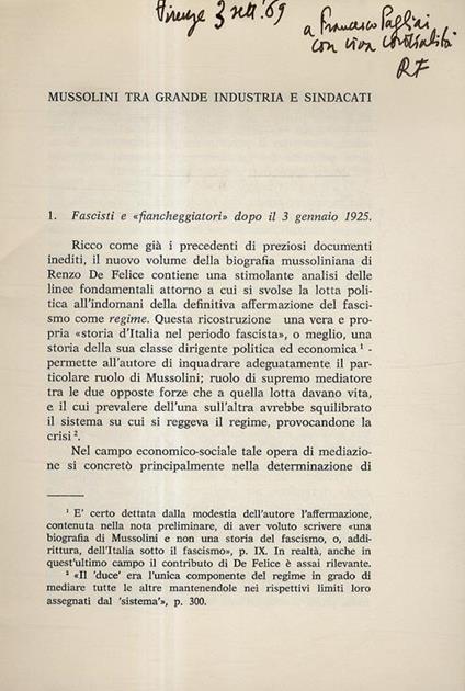 Mussolini tra grande industria e sindacati. Estratto da Quaderni Storici delle Marche. Ancona, maggio. agosto 1969 - Riccardo Faucci - copertina