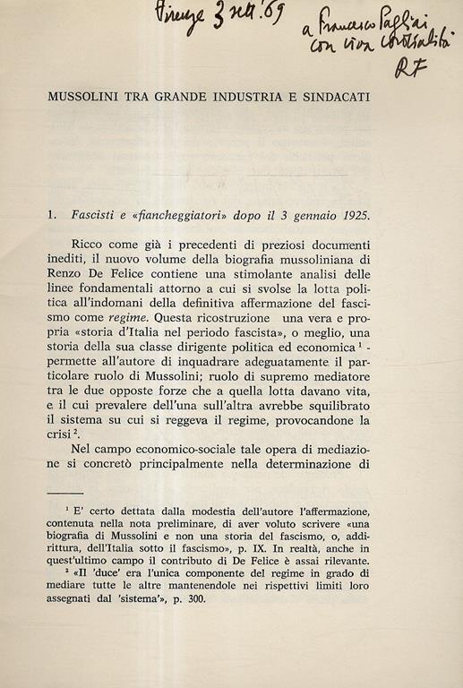 Mussolini tra grande industria e sindacati. Estratto da Quaderni Storici delle Marche. Ancona, maggio. agosto 1969 - Riccardo Faucci - copertina