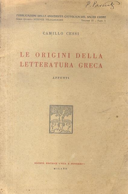 Le origini della letteratura greca. Appunti - Camillo Cessi - copertina