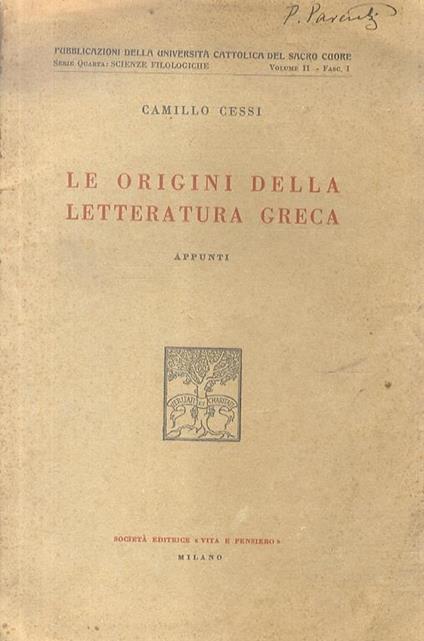 Le origini della letteratura greca. Appunti - Camillo Cessi - copertina