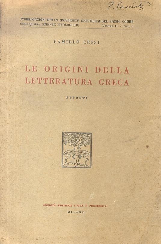 Le origini della letteratura greca. Appunti - Camillo Cessi - copertina