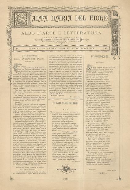 Santa Maria del Fiore. Albo d'Arte e Letteratura. Firenze. Ricordo del Maggio 1887. Redatto per cura di Ugo Matini. Fra i contributi segnaliamo testo in prima edizione intitolato Notturno a firma Collodi, in cui viene iscenato un incontro notturno in pia - Carlo Collodi - copertina