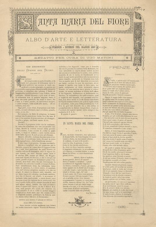 Santa Maria del Fiore. Albo d'Arte e Letteratura. Firenze. Ricordo del Maggio 1887. Redatto per cura di Ugo Matini. Fra i contributi segnaliamo testo in prima edizione intitolato Notturno a firma Collodi, in cui viene iscenato un incontro notturno in pia - Carlo Collodi - copertina