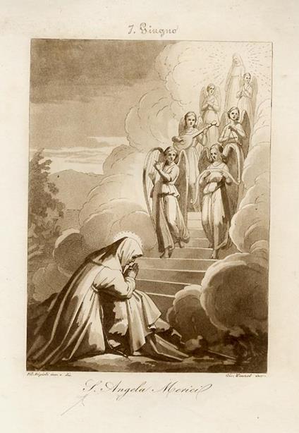 Sant'Angela Merici. 7 Giugno. Incisione all'acquatinta c.cm. 28 x 20 parte incisa: 18 x 13 di gusto neoclassico, realizzata da G. Wenzel su disegno del pittore F. Bigioli San Severino Marche, 1777-1854: mostra la santa in ginocchio dinanzi ad una scala a - copertina