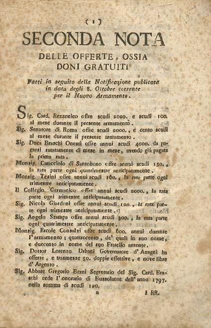 Seconda. Terza. Quarta Nota Delle Offerte, Ossia Doni Gratuiti Fatti In Seguito Della Notificazione Publicata In Data Degli 8 Ottobre Corrente Per Il Nuovo Armamento - copertina