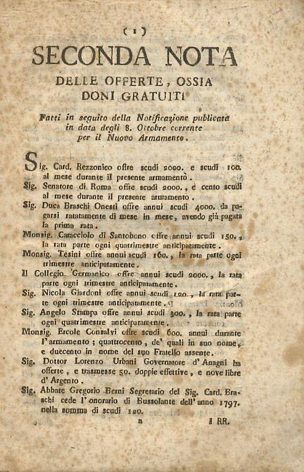 Seconda. Terza. Quarta Nota Delle Offerte, Ossia Doni Gratuiti Fatti In Seguito Della Notificazione Publicata In Data Degli 8 Ottobre Corrente Per Il Nuovo Armamento - copertina