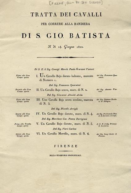 Tratta dei cavalli per correre alla bandiera di S. Gio. Battista il dì 24 Giugno 1822 - copertina