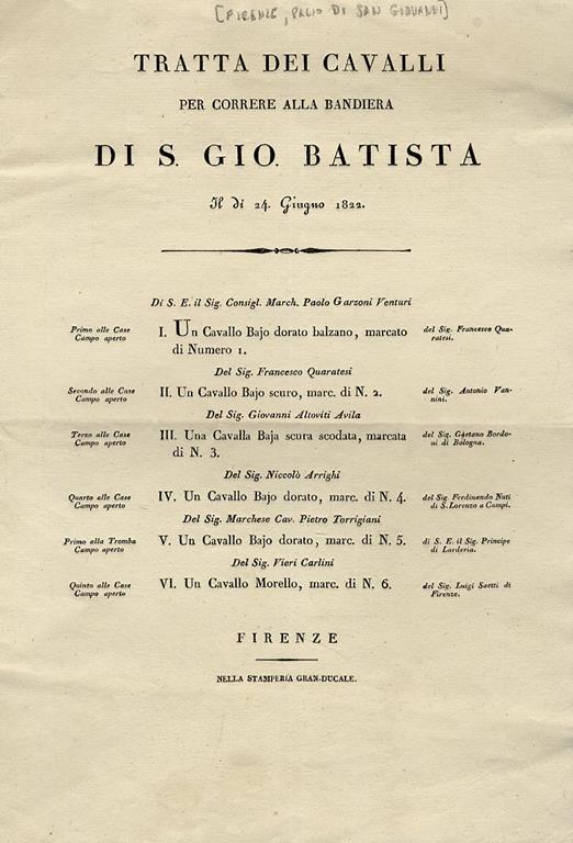 Tratta dei cavalli per correre alla bandiera di S. Gio. Battista il dì 24 Giugno 1822 - copertina