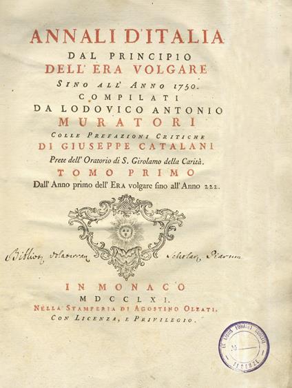 Annali d'Italia dal principio dell'era volgare sino all'anno 1750, compilati da Lodovico Antonio Muratori. Colle prefazioni critiche di Giuseppe Catalani, prete dell'oratorio di S. Girolamo della Carita. Tomo primo [-duodecimo] - Lodovico Antonio Muratori - copertina