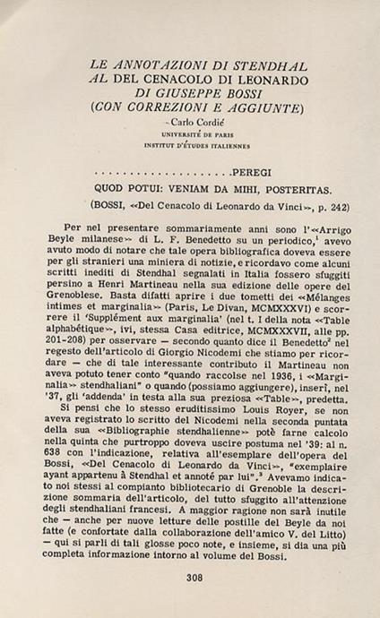 Le annotazioni di Stendhal al Del Cenacolo di Leonardo di Giuseppe Bossi (con correzioni e aggiunte) - C. Cordié - copertina