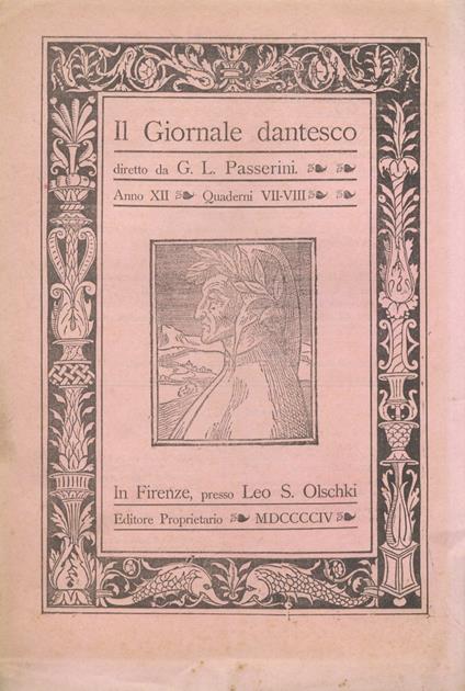 GIORNALE dantesco. Diretto da G.L. Passerini. Anno XII. 1904. [Fascicoli da VI a X: mancano i fascicolo da I a V, XI e XII] - copertina