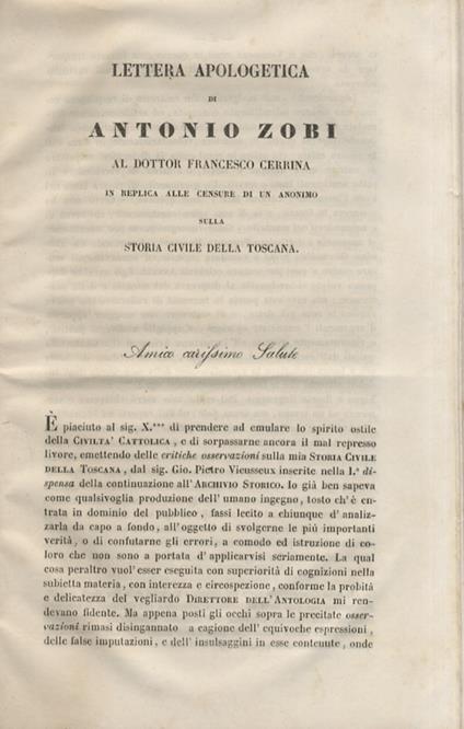 Lettera apologetica (.) al dottor Francesco Cerrina in replica alle censure di un anonimo sulla storia civile della Toscana - Antonio Zobi - copertina