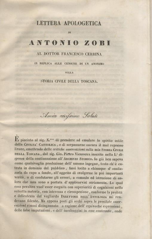 Lettera apologetica (.) al dottor Francesco Cerrina in replica alle censure di un anonimo sulla storia civile della Toscana - Antonio Zobi - copertina