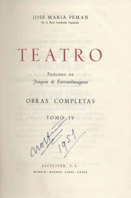 Teatro. Prologo de Joaquin de Entrambasaguas. Obras completas. Tomo IV - J. Peman - copertina