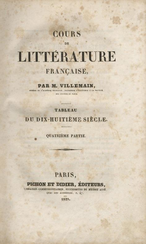 Cours de littérature française. Tableau du dix-huitième siècle. IVème Partie - Abel François Villemain - copertina