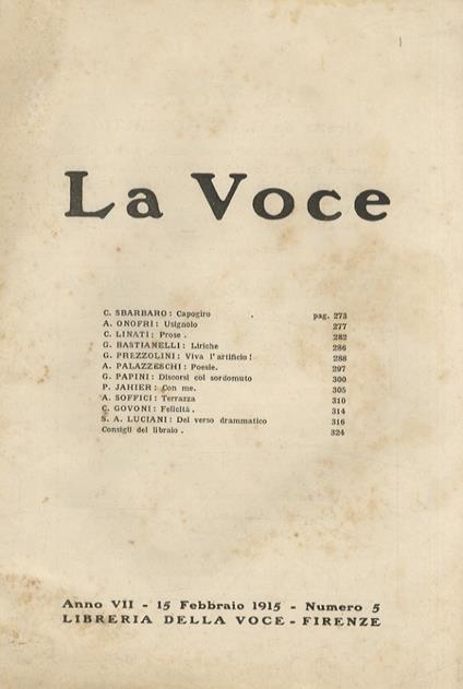 VOCE (LA). Diretta da G. De Robertis. Anno VII. 15 febbraio 1915. Numero 5 - copertina