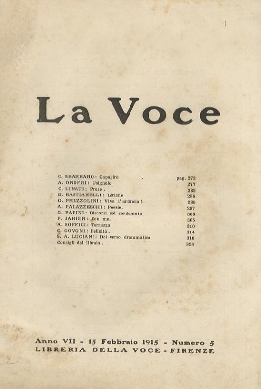 VOCE (LA). Diretta da G. De Robertis. Anno VII. 15 febbraio 1915. Numero 5 - copertina