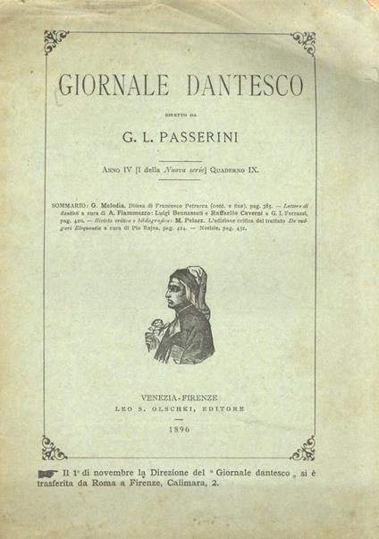 GIORNALE dantesco. Diretto da G.L. Passerini. Anno IV (I della Nuova serie). 1896. Quaderno IX - copertina