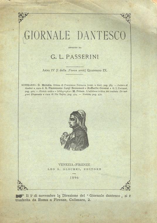 GIORNALE dantesco. Diretto da G.L. Passerini. Anno IV (I della Nuova serie). 1896. Quaderno IX - copertina