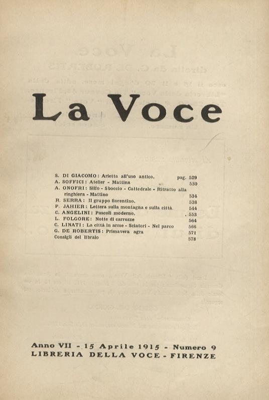 VOCE (LA). Diretta da G. De Robertis. Anno VII. 15 aprile 1915. Numero 9 - copertina