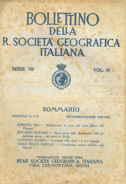 Bollettino della R. Società Geografica Italiana. Pubblicazione mensile. Serie VII - Vol. IV: 1939. Fascicolo 11/12 - copertina