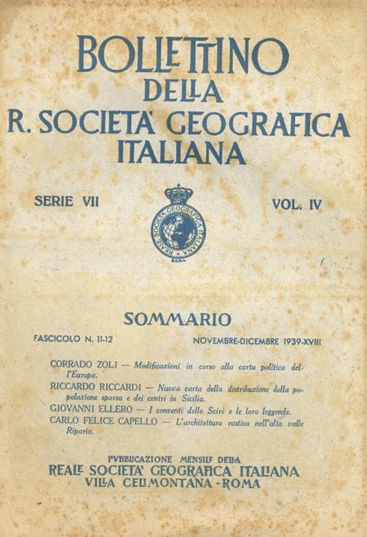 Bollettino della R. Società Geografica Italiana. Pubblicazione mensile. Serie VII - Vol. IV: 1939. Fascicolo 11/12 - copertina
