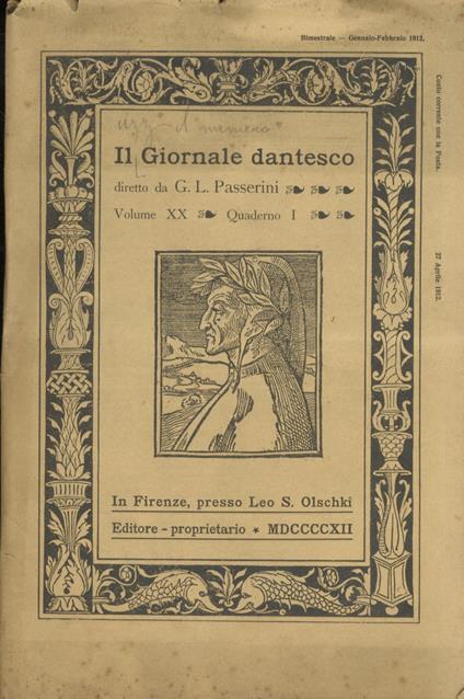 GIORNALE (IL) dantesco. Diretto da G.L. Passerini. Anno XX. 1912. Quaderno I - copertina