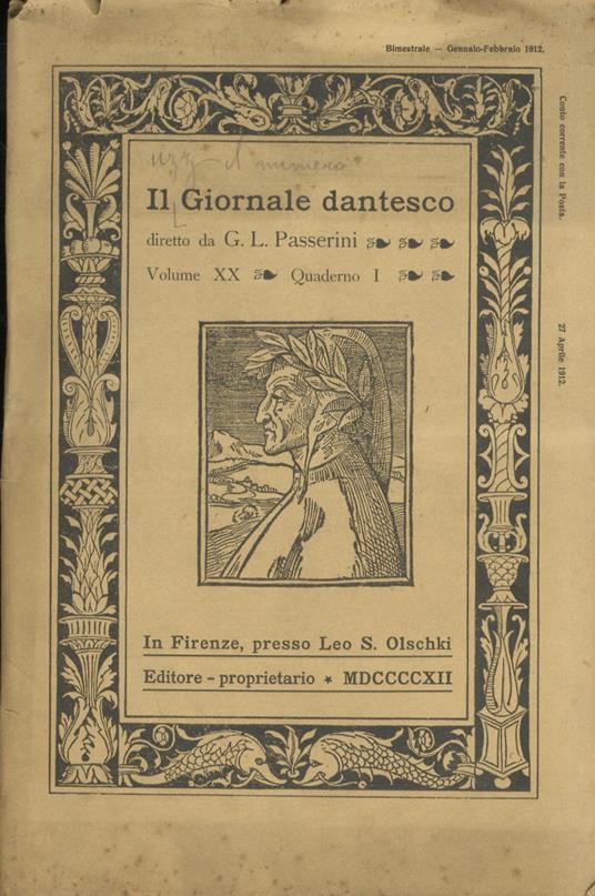 GIORNALE (IL) dantesco. Diretto da G.L. Passerini. Anno XX. 1912. Quaderno I - copertina
