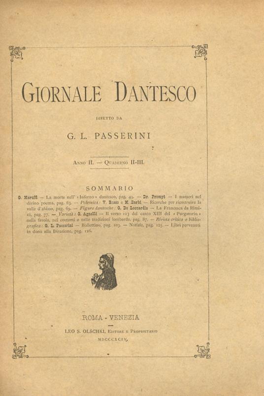 GIORNALE dantesco. Diretto da G.L. Passerini. Anno II. 1894. [Fascicoli da I a IX: mancano i fascicoli X, XI, XII] - copertina