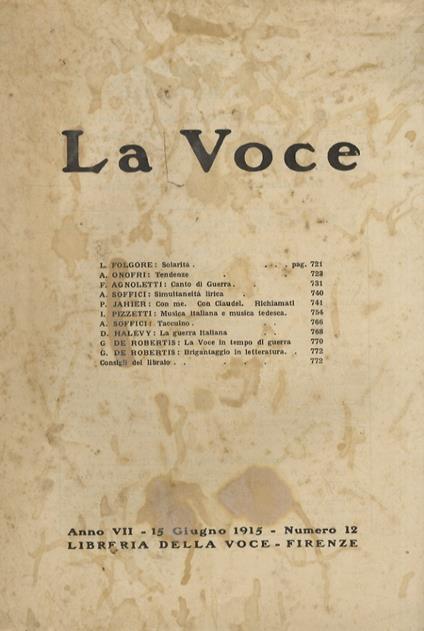 VOCE (LA). Diretta da G. De Robertis. Anno VII. 15 giugno 1915. Numero 12 - copertina