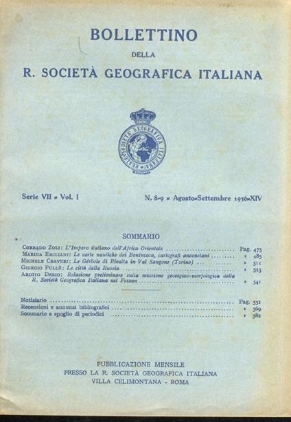 Bollettino della R. Società Geografica Italiana. Pubblicazione mensile. Serie VII. Vol. I: 1936. Fascicolo 8/9 - copertina