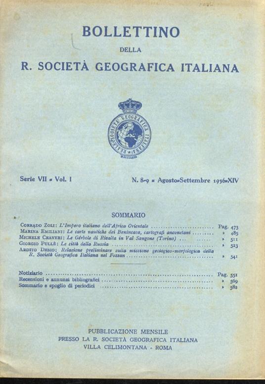 Bollettino della R. Società Geografica Italiana. Pubblicazione mensile. Serie VII. Vol. I: 1936. Fascicolo 8/9 - copertina