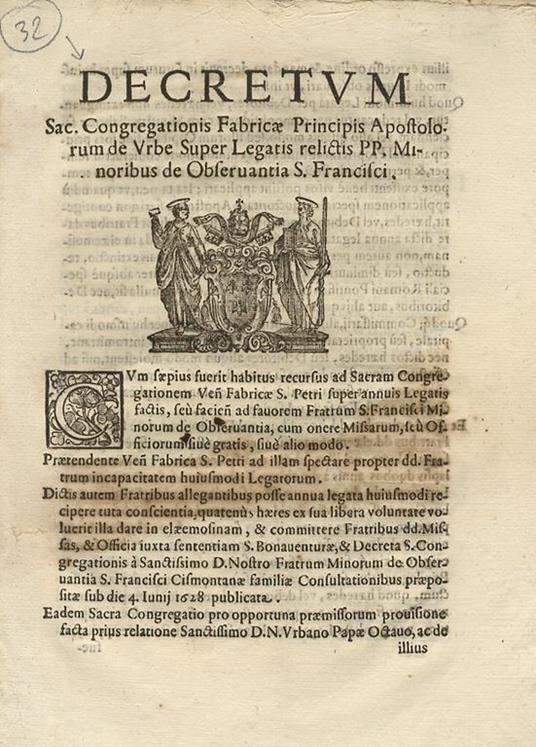 DECRETUM Sac. Congregationis Frabricae Principis Apostolorum Urbe Super Legatis relictis PP. Minoribus de Observantia S. Francisci - copertina