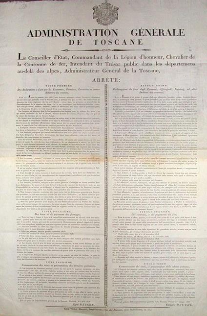 Le Conseiller d'Etat [.] arrète: [seguono 3 titoli: Dichiarazioni da farsi dagli Economi, Affittajuoli, Locatarj, ed altri Debitori dei conventi Dei contratti e dei pagamenti dei fitti Comunicazione dei titoli, e presentazioni delle ultime quieta - copertina