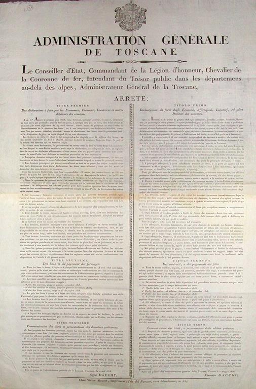 Le Conseiller d'Etat [.] arrète: [seguono 3 titoli: Dichiarazioni da farsi dagli Economi, Affittajuoli, Locatarj, ed altri Debitori dei conventi Dei contratti e dei pagamenti dei fitti Comunicazione dei titoli, e presentazioni delle ultime quieta - copertina