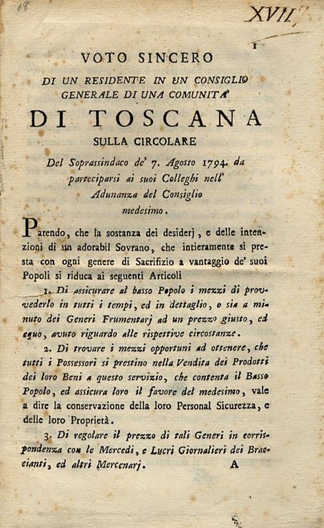 Voto sincero di un residente in un Consiglio generale di una comunità di Toscana sulla circolare del soprassindaco de' 7. agosto 1794. da parteciparsi ai suoi colleghi nell'adunanza del Consiglio medesimo - Giovanni Fabbroni - copertina