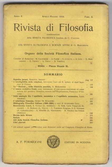 Rivista di Filosofia, continuazione della Rivista Filosofica fondata da C. Cantoni e della Rivista di Filosofia e Scienze Affini di G. Marchesini. Organo della Società Filosofica Italiana. Anno II. 1910. Fascicoli da 1 a 5 (gennaio-dicembre 1909). An - copertina