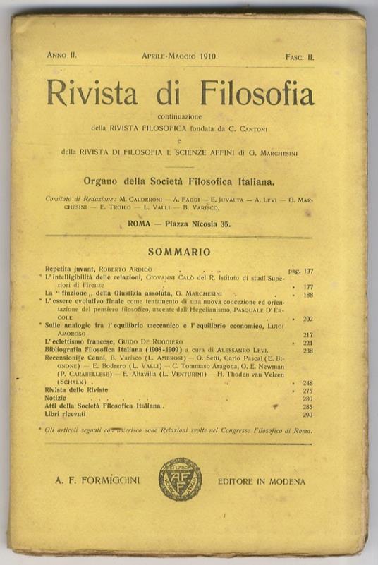 Rivista di Filosofia, continuazione della Rivista Filosofica fondata da C. Cantoni e della Rivista di Filosofia e Scienze Affini di G. Marchesini. Organo della Società Filosofica Italiana. Anno II. 1910. Fascicoli da 1 a 5 (gennaio-dicembre 1909). An - copertina