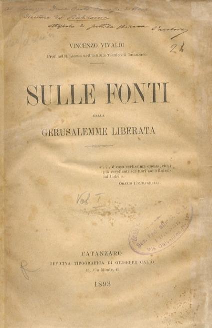 Sulle fonti della Gerusalemme liberata. [Volume primo] - Vincenzo Vivaldi - copertina
