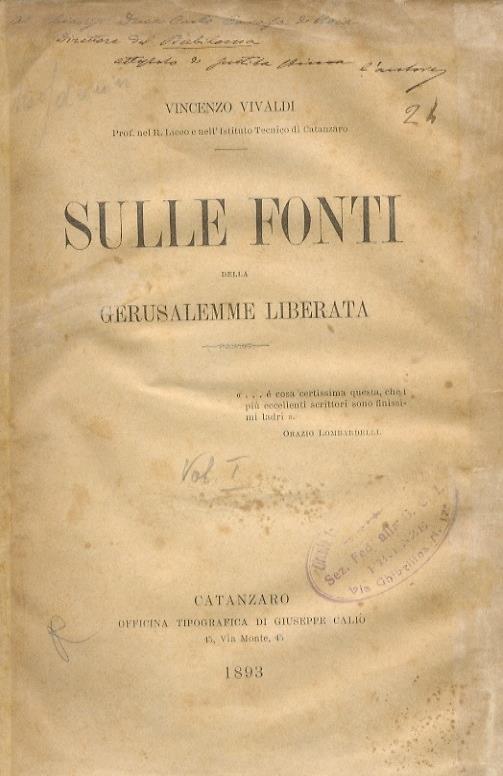 Sulle fonti della Gerusalemme liberata. [Volume primo] - Vincenzo Vivaldi - copertina
