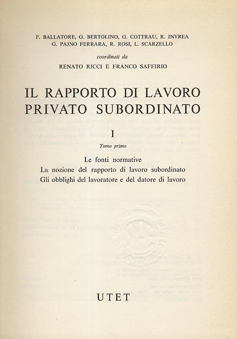 Il rapporto di lavoro privato subordinato - R. Ricci - copertina