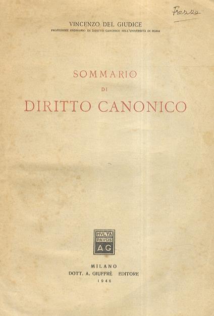 Sommario di diritto canonico - Vincenzo Del Giudice - copertina