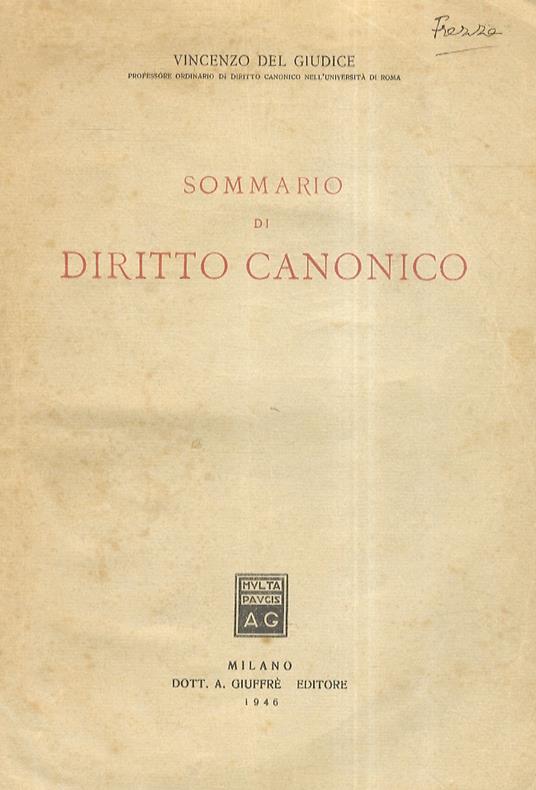 Sommario di diritto canonico - Vincenzo Del Giudice - copertina
