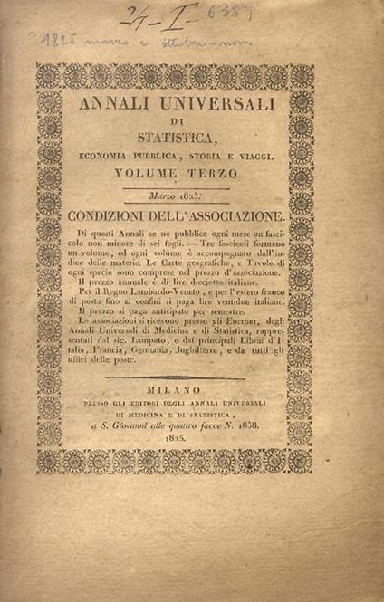 Annali Universali di Statistica, Economia Pubblica, Storia e Viaggi. Fascicoli: marzo 1825, ottobre e novembre 1825 - copertina