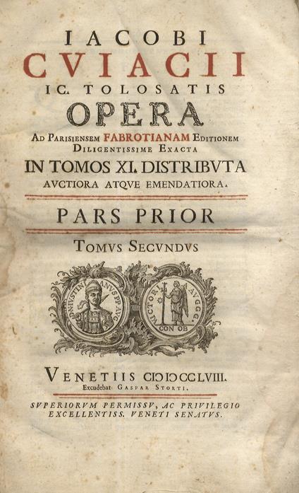 Opera ad parisiensem Fabrotianam editionem diligentissime exacta. I soli volumi II, III, IV, VIII, IX, XI (Indici) + Promptuarium Albenensis volumi I e II p. II - Jacobi Cujacii - copertina