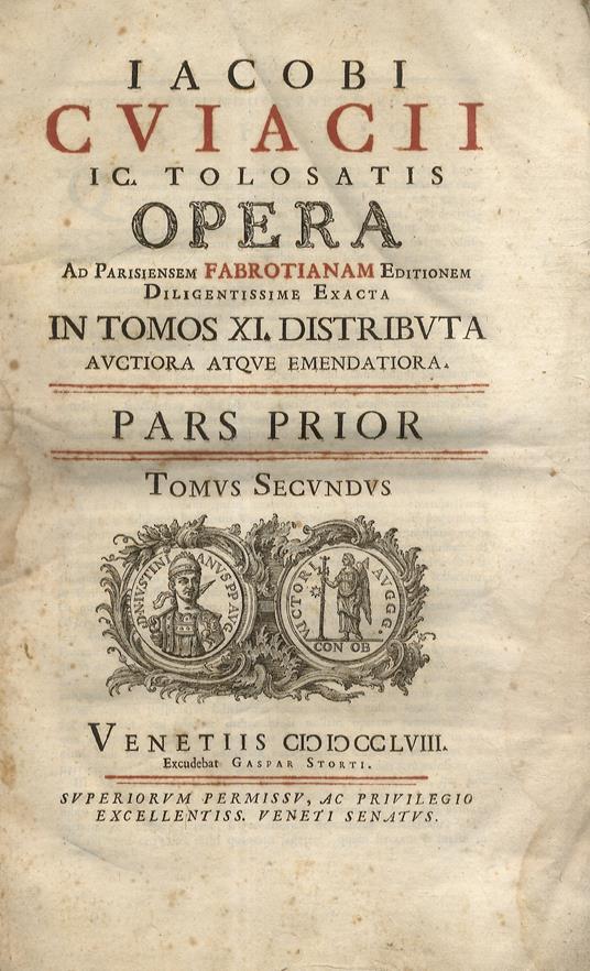 Opera ad parisiensem Fabrotianam editionem diligentissime exacta. I soli volumi II, III, IV, VIII, IX, XI (Indici) + Promptuarium Albenensis volumi I e II p. II - Jacobi Cujacii - copertina