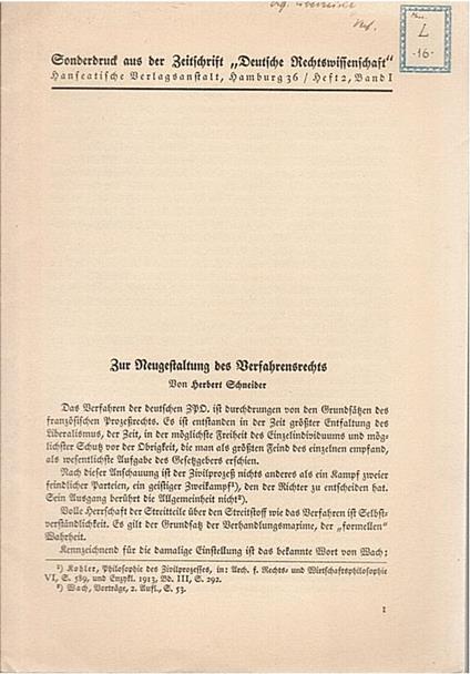 Zur Neugestaltung des Verfahrensrechts. Sonderdruck aus der Zeitschrift “Deutsche Rechtswissenschaft” - Herbert Wallace Schneider - copertina