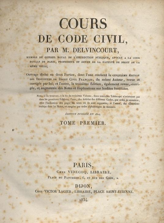 Cours de code civil - M. Delvincourt - copertina