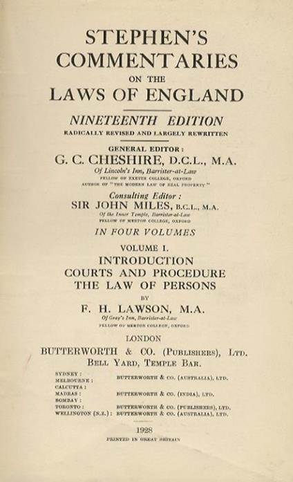 Stephen's commentaries on the laws of England. Nineteenth edition radically revised and largerly rewritten. General editor: G.C.Chesire, Consulting editor: Sir John Miles. in four volumes - copertina